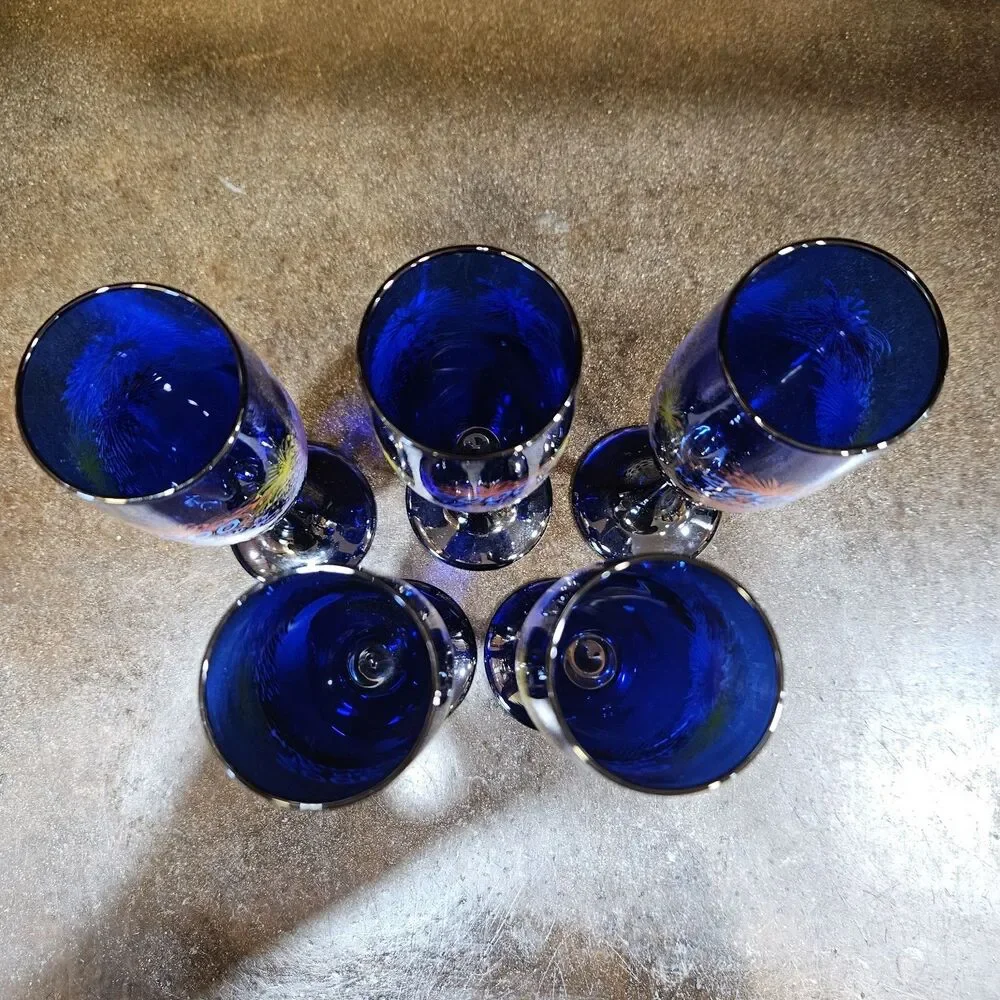 2 Vintage Champagne Flutes 2000 The New Millennium Cobalt Blue Embossed Glasses